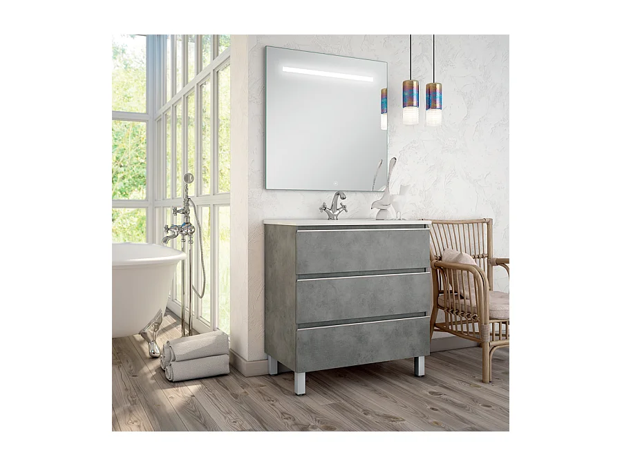 Meuble de salle de bain simple vasque - 3 tiroirs - PALMA et miroir Led STAM - ciment (gris) - 100cm