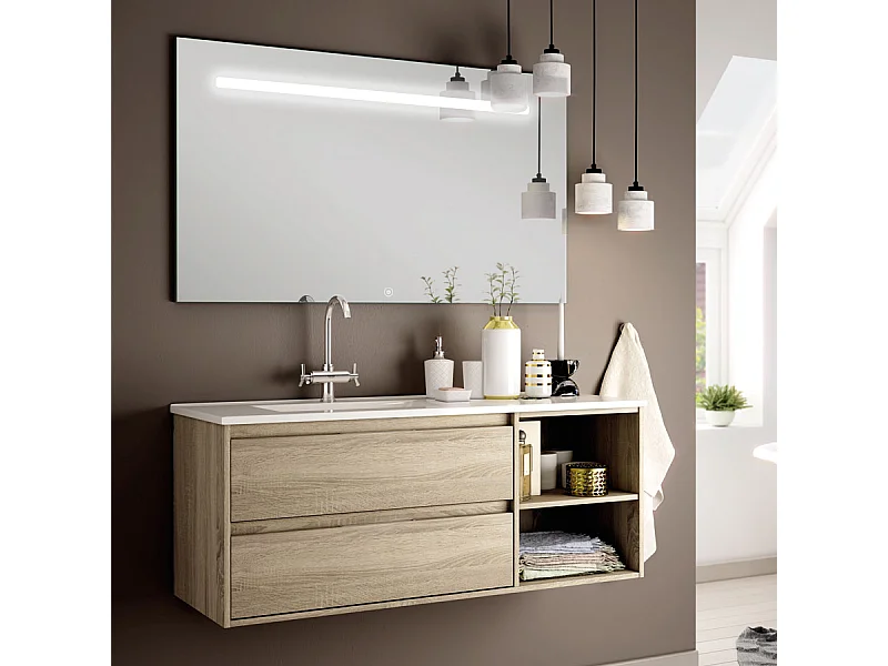 Meuble de salle de bain vasque déportée 2 tiroirs OLYMPE et miroir Led STAM - cambrian (chêne) - 120cm