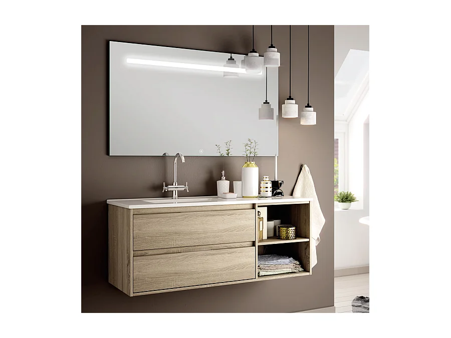 Meuble de salle de bain vasque déportée 2 tiroirs OLYMPE et miroir Led STAM - cambrian (chêne) - 120cm