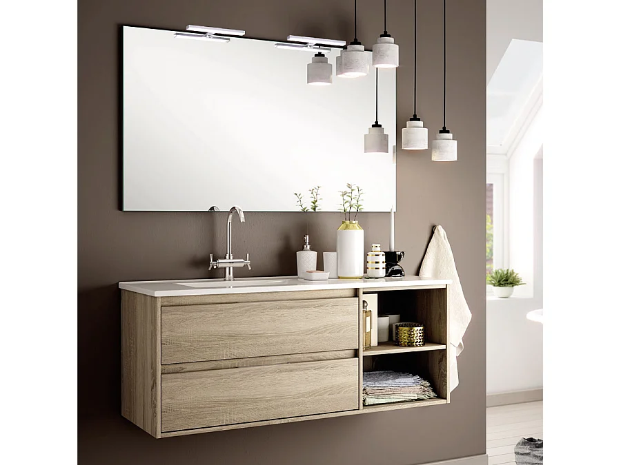 Meuble de salle de bain vasque déportée 2 tiroirs OLYMPE et miroir Led STAM - cambrian (chêne) - 120cm