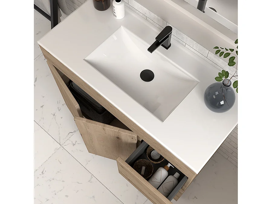 Meuble de salle de bain 70cm simple vasque sans miroir sur pieds avec portes et tiroirs - cambrian (chêne clair) - HARO