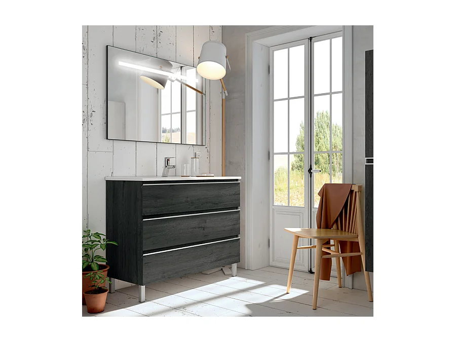Meuble de salle de bain simple vasque - 3 tiroirs - PALMA et miroir Led STAM - ebony (bois noir) - 60cm