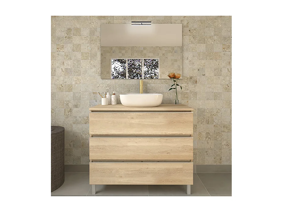 Meuble de salle de bain 3 tiroirs avec vasque à poser arrondie et miroir avec applique PALMA - Bambou (chêne clair) - 80cm