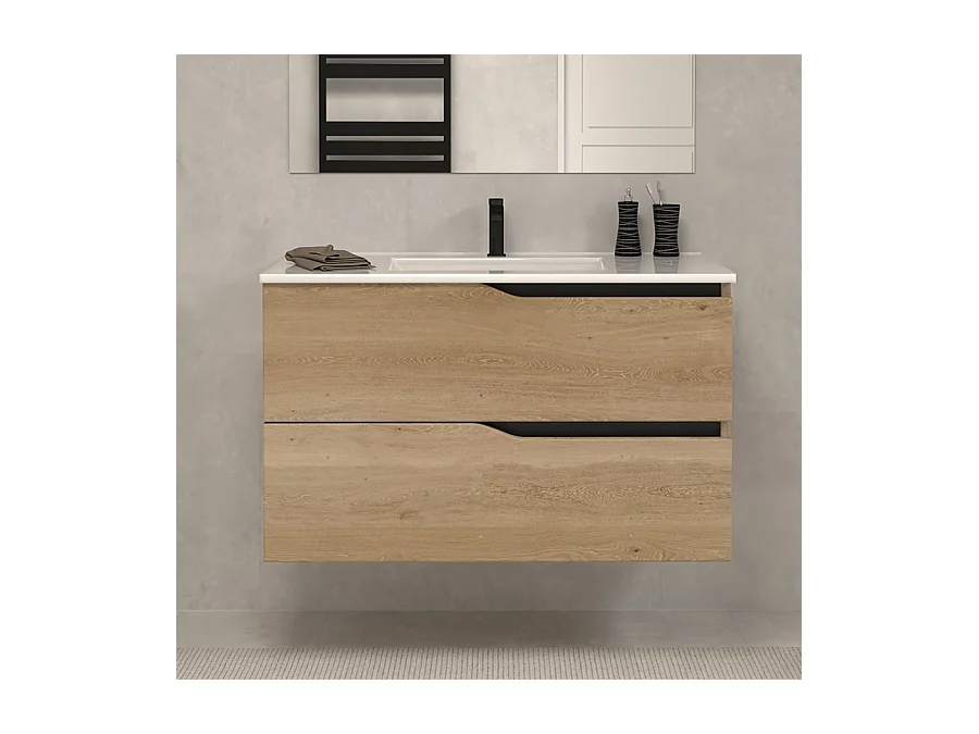 Meuble de salle de bain 80cm simple vasque - 2 tiroirs - madera miel (bois clair) - LUNA