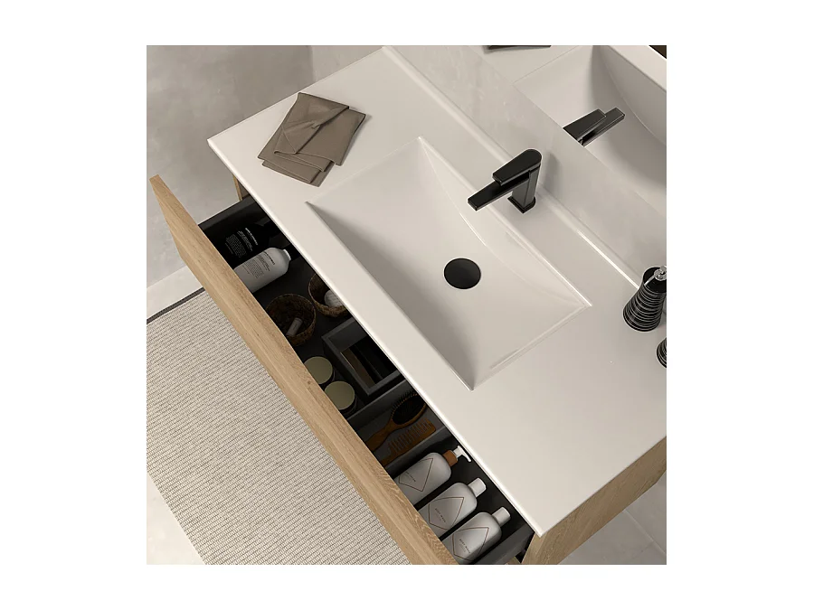 Meuble de salle de bain 80cm simple vasque - 2 tiroirs - madera miel (bois clair) - LUNA