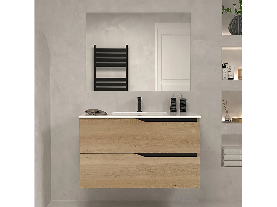 Meuble de salle de bain 80cm simple vasque - 2 tiroirs - madera miel (bois clair) - LUNA