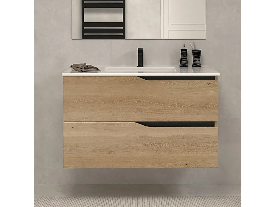 Meuble de salle de bain 80cm simple vasque - 2 tiroirs - madera miel (bois clair) - LUNA