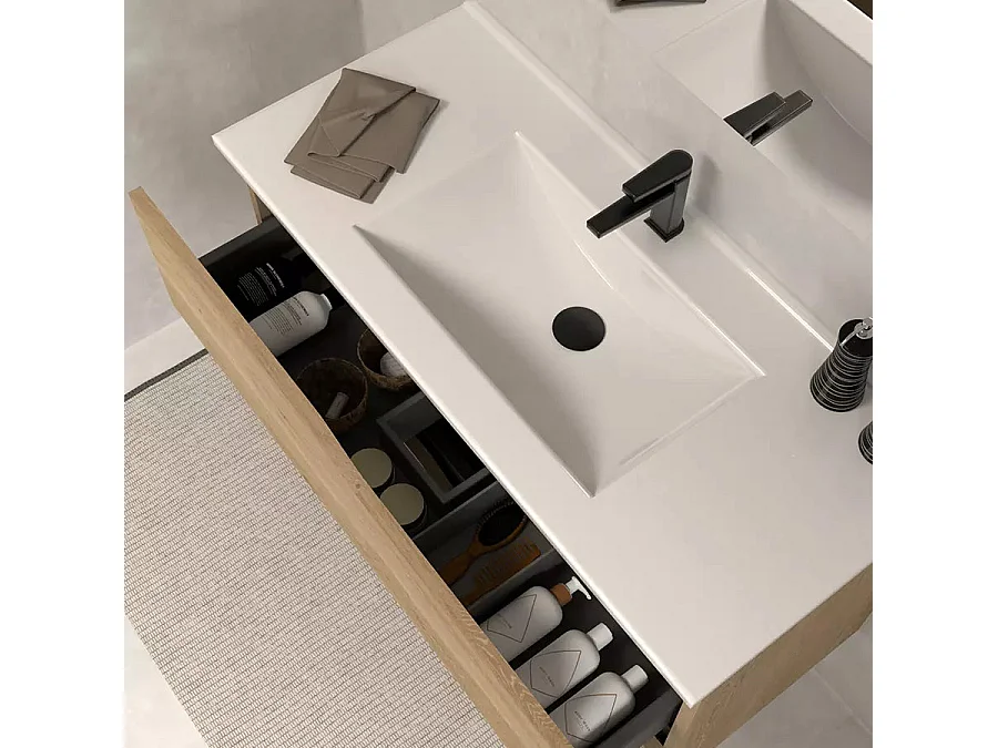 Meuble de salle de bain 80cm simple vasque - 2 tiroirs - madera miel (bois clair) - LUNA