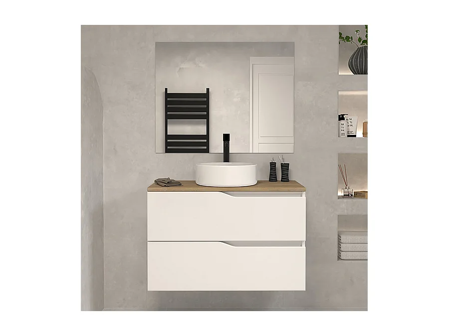 Meuble de salle de bain 60 avec plateau miel et vasque à poser - 2 tiroirs - blanc - LUNA