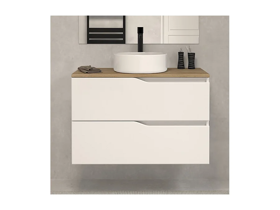 Meuble de salle de bain 60 avec plateau miel et vasque à poser - 2 tiroirs - blanc - LUNA