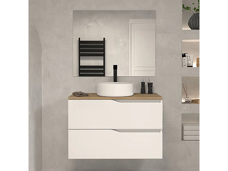 Meuble de salle de bain 60 avec plateau miel et vasque à poser - 2 tiroirs - blanc - LUNA