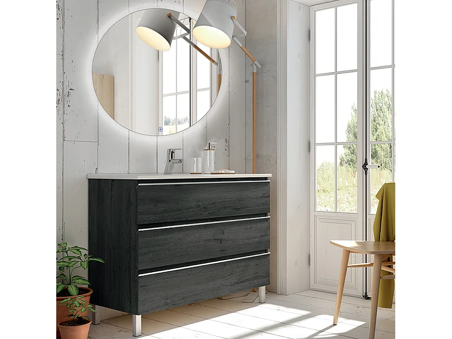 Meuble de salle de bain simple vasque - 3 tiroirs - PALMA et miroir rond Led SOLEN - ebony (bois noir) - 70cm