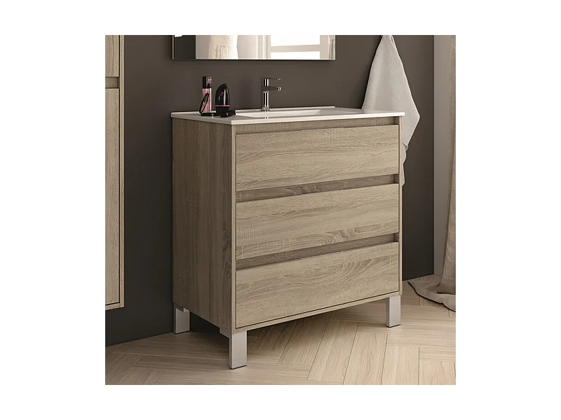 Meuble de salle de bain 80cm simple vasque - 3 tiroirs - sans miroir - TIRIS 3C - cambrian (chêne)