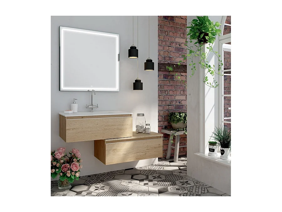 Meuble de salle de bain simple vasque - 1 tiroir - PENA et miroir Led VELDI - bambou (chêne clair) - 120cm