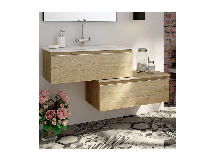 Meuble de salle de bain simple vasque - 1 tiroir - PENA et miroir Led VELDI - bambou (chêne clair) - 120cm