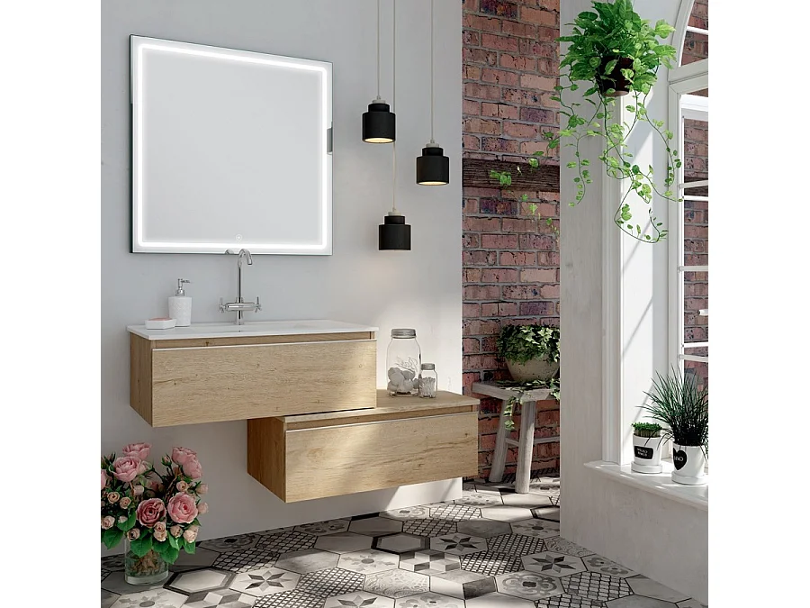 Meuble de salle de bain simple vasque - 1 tiroir - PENA et miroir Led VELDI - bambou (chêne clair) - 120cm