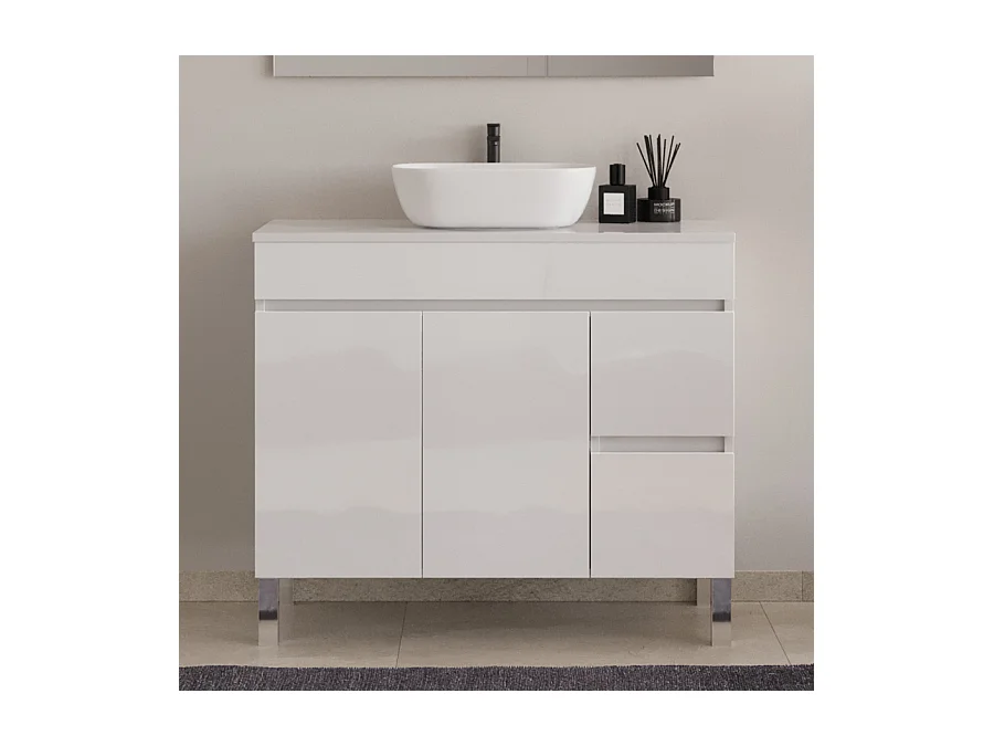 Meuble de salle de bain 100cm sur pieds avec plateau et une cuve à poser arrondie - sans miroir - portes et tiroirs - blanc - HARO