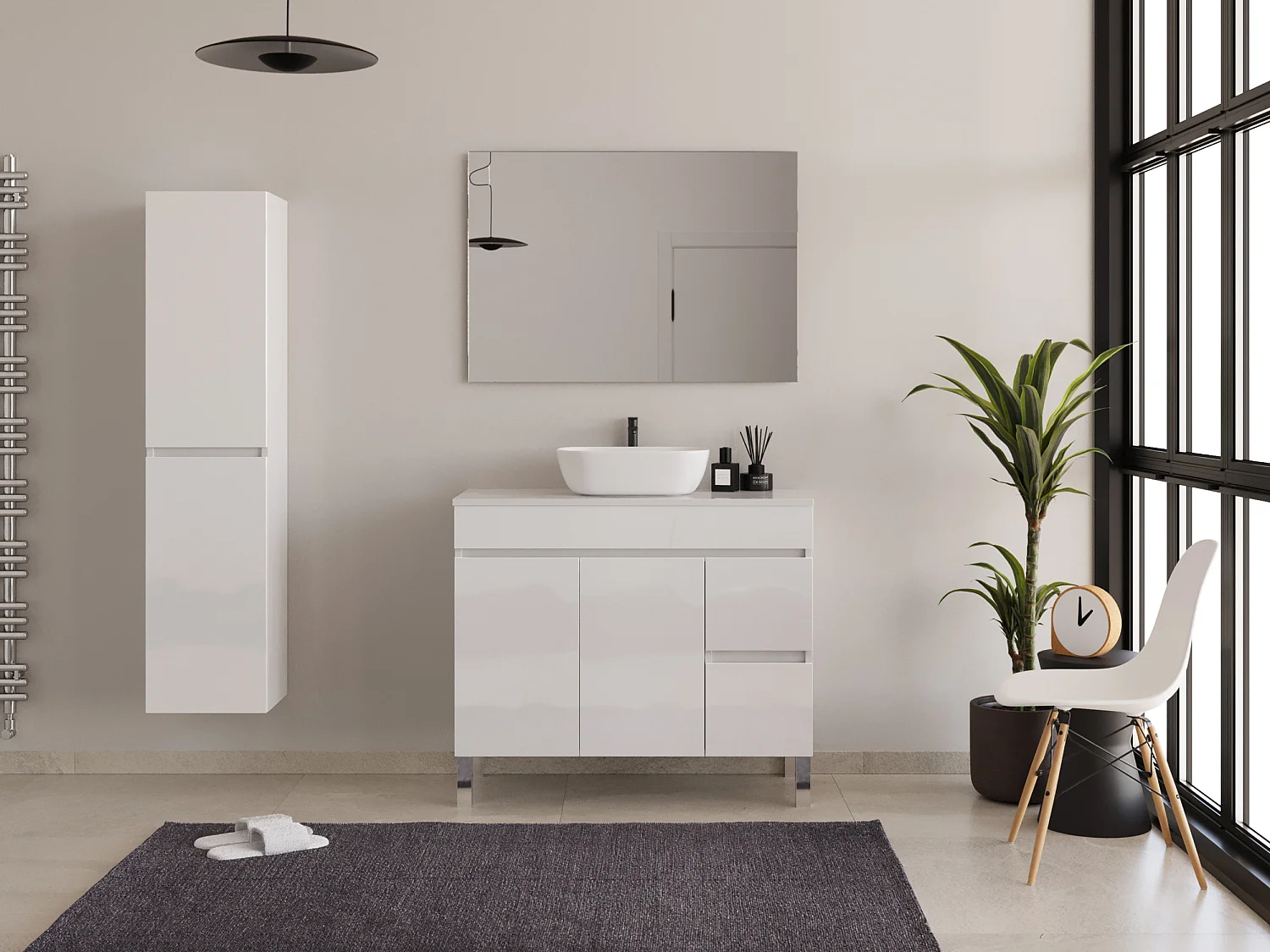 Meuble de salle de bain 100cm sur pieds avec plateau et une cuve à poser arrondie - sans miroir - portes et tiroirs - blanc - HARO