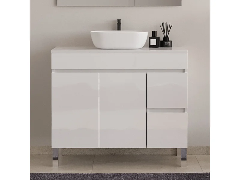 Meuble de salle de bain 100cm sur pieds avec plateau et une cuve à poser arrondie - sans miroir - portes et tiroirs - blanc - HARO