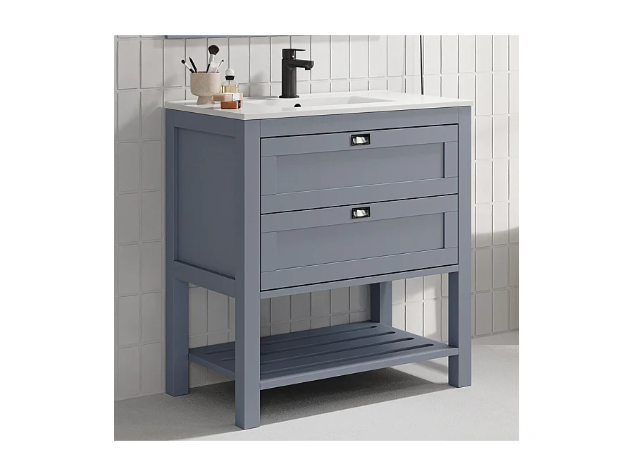 Meuble de salle de bain 80 cm simple vasque - pin massif - 2 tiroirs - sans miroir - PYLA - bleu