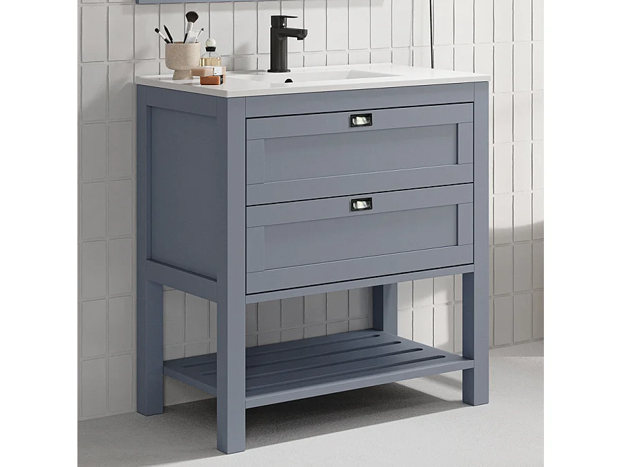 Meuble de salle de bain 80 cm simple vasque - pin massif - 2 tiroirs - sans miroir - PYLA - bleu