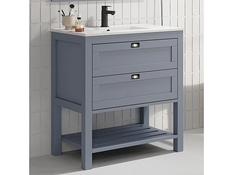 Meuble de salle de bain 80 cm simple vasque - pin massif - 2 tiroirs - sans miroir - PYLA - bleu