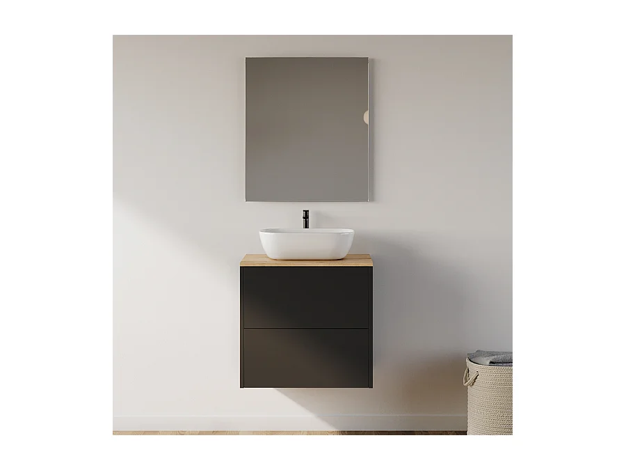 Meuble de salle de bain 60cm avec vasque à poser arrondie - 2 tiroirs - noir - MONA