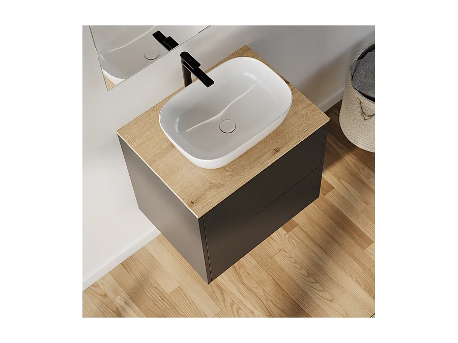 Meuble de salle de bain 60cm avec vasque à poser arrondie - 2 tiroirs - noir - MONA