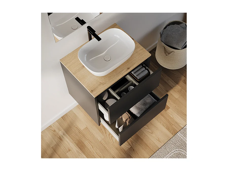 Meuble de salle de bain 60cm avec vasque à poser arrondie - 2 tiroirs - noir - MONA