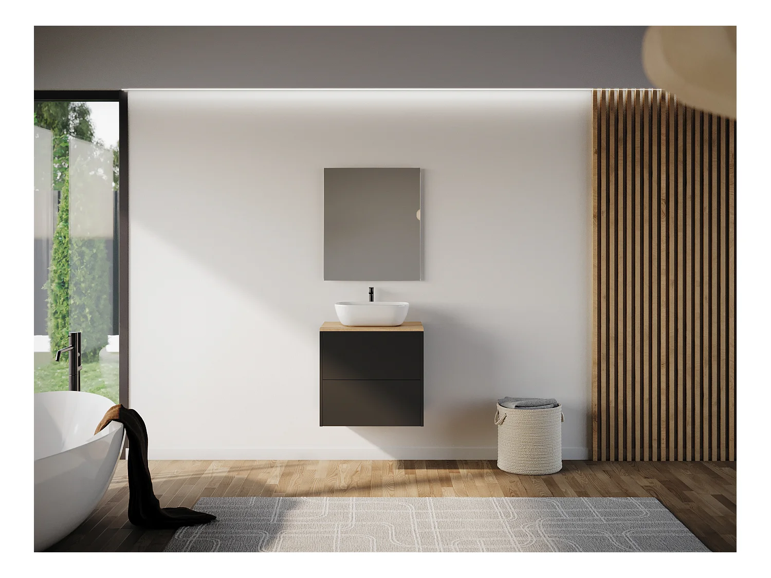 Meuble de salle de bain 60cm avec vasque à poser arrondie - 2 tiroirs - noir - MONA