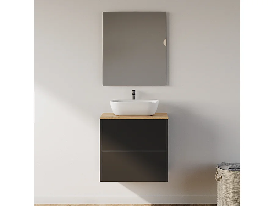 Meuble de salle de bain 60cm avec vasque à poser arrondie - 2 tiroirs - noir - MONA