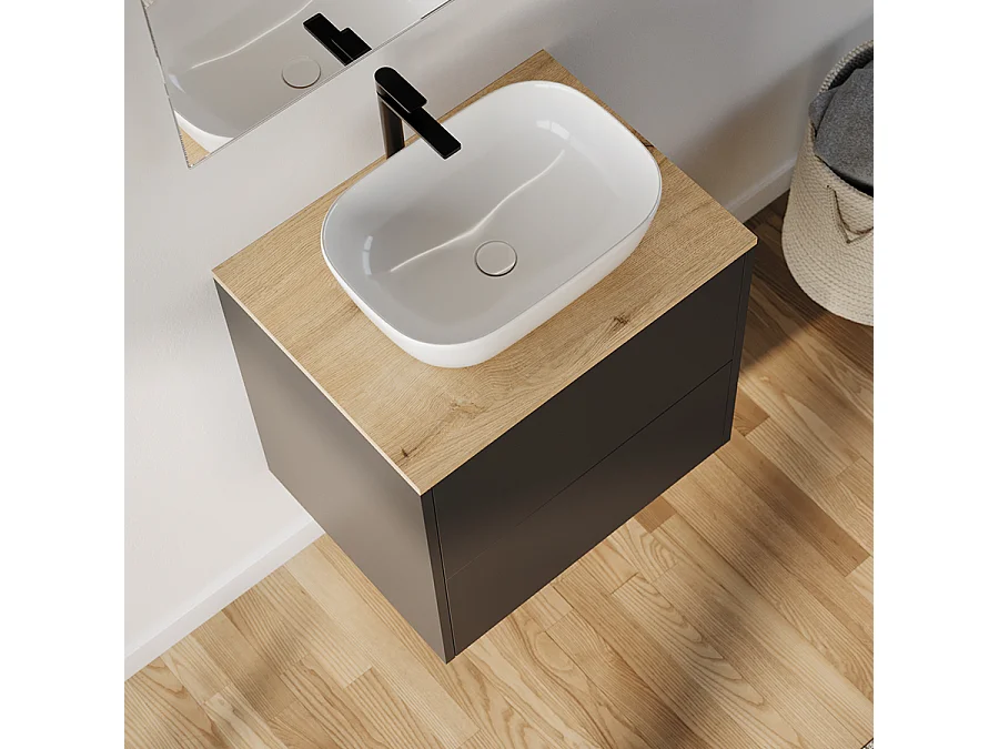 Meuble de salle de bain 60cm avec vasque à poser arrondie - 2 tiroirs - noir - MONA