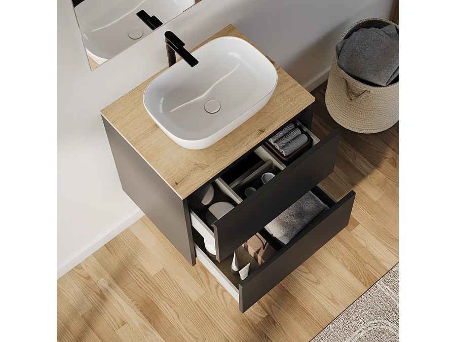 Meuble de salle de bain 60cm avec vasque à poser arrondie - 2 tiroirs - noir - MONA