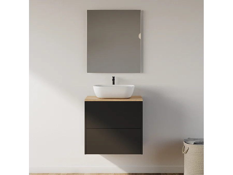 Meuble de salle de bain 60cm avec vasque à poser arrondie - 2 tiroirs - noir - MONA