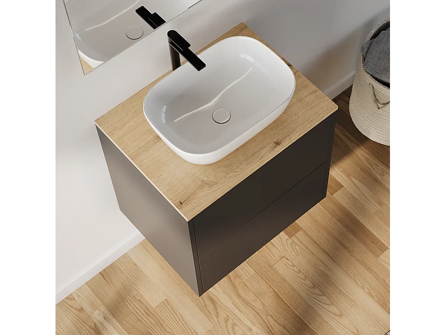 Meuble de salle de bain 60cm avec vasque à poser arrondie - 2 tiroirs - noir - MONA