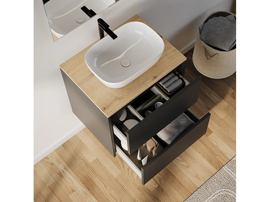 Meuble de salle de bain 60cm avec vasque à poser arrondie - 2 tiroirs - noir - MONA
