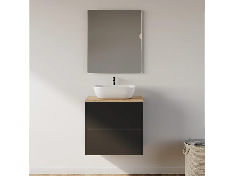 Meuble de salle de bain 60cm avec vasque à poser arrondie - 2 tiroirs - noir - MONA