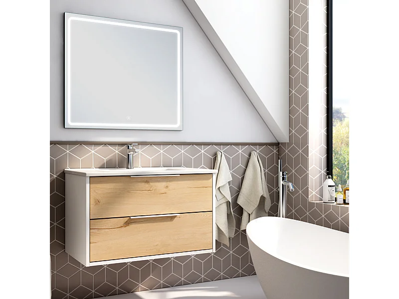 Meuble de salle de bain simple vasque - 2 tiroirs - ALBA et miroir VELDI - blanc-Chêne - 80cm