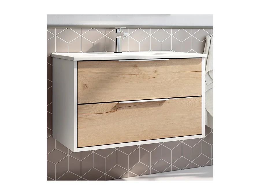 Meuble de salle de bain simple vasque - 2 tiroirs - ALBA et miroir VELDI - blanc-Chêne - 80cm