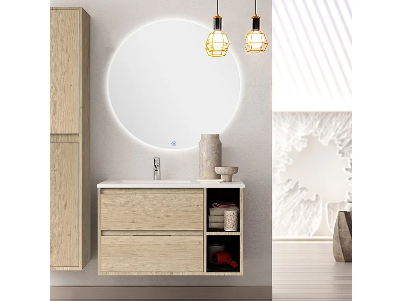 Meuble de salle de bain vasque déportée - 2 tiroirs - OLYMPE et miroir rond Led SOLEN - cambrian (chêne) - 80cm