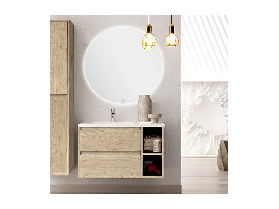 Meuble de salle de bain vasque déportée - 2 tiroirs - OLYMPE et miroir rond Led SOLEN - cambrian (chêne) - 80cm