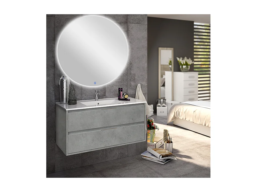 Meuble de salle de bain simple vasque - 2 tiroirs - IRIS et miroir rond Led SOLEN - ciment (gris) - 80cm
