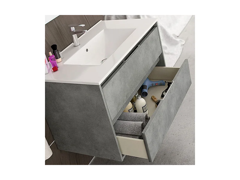 Meuble de salle de bain simple vasque - 2 tiroirs - IRIS et miroir rond Led SOLEN - ciment (gris) - 80cm