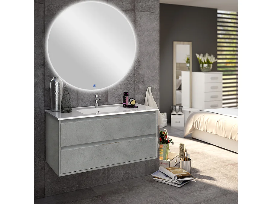 Meuble de salle de bain simple vasque - 2 tiroirs - IRIS et miroir rond Led SOLEN - ciment (gris) - 80cm