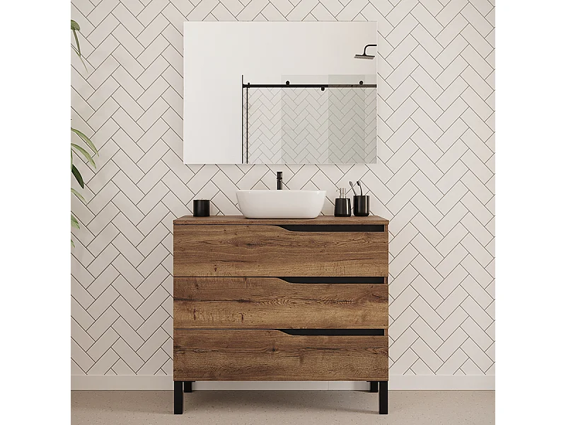 Meuble de salle de bain 90cm avec plateau et vasque à poser zeus - 3 tiroirs - tabaco (chêne foncé) - MATA