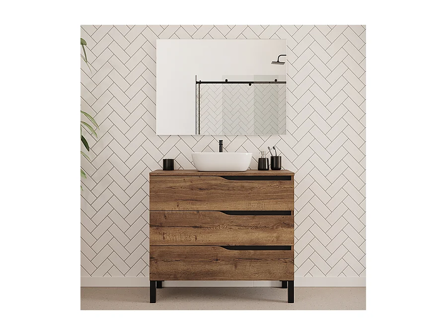 Meuble de salle de bain 90cm avec plateau et vasque à poser zeus - 3 tiroirs - tabaco (chêne foncé) - MATA