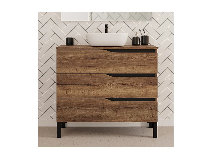 Meuble de salle de bain 90cm avec plateau et vasque à poser zeus - 3 tiroirs - tabaco (chêne foncé) - MATA