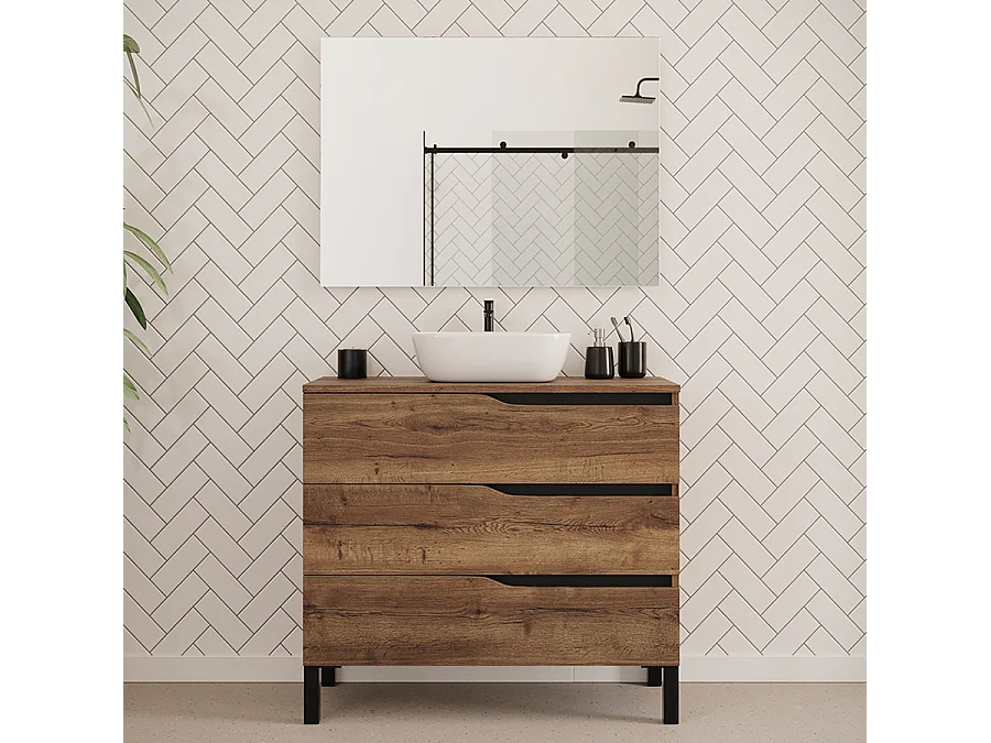 Meuble de salle de bain 90cm avec plateau et vasque à poser zeus - 3 tiroirs - tabaco (chêne foncé) - MATA