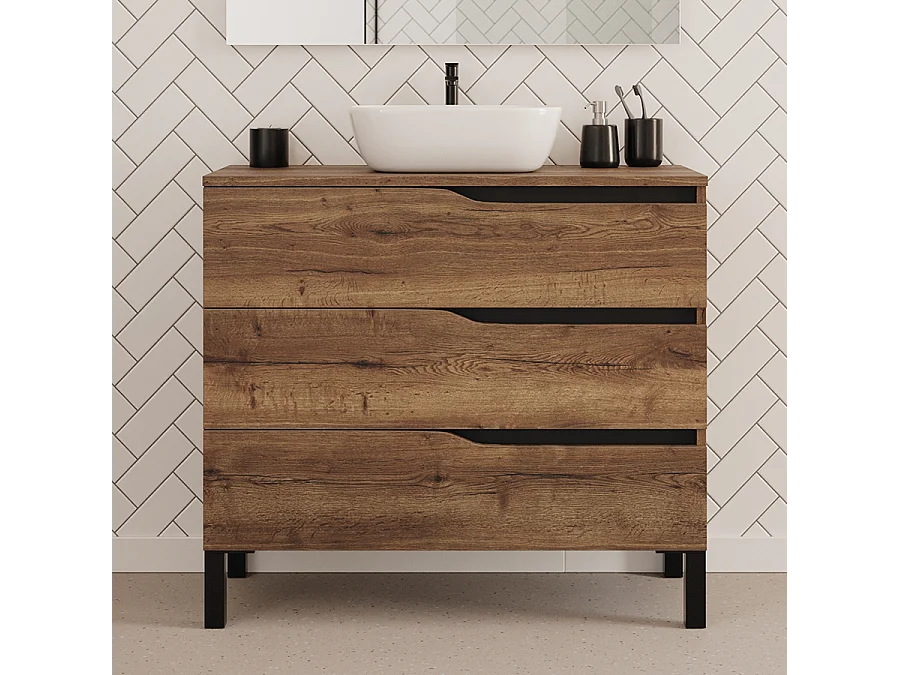 Meuble de salle de bain 90cm avec plateau et vasque à poser zeus - 3 tiroirs - tabaco (chêne foncé) - MATA