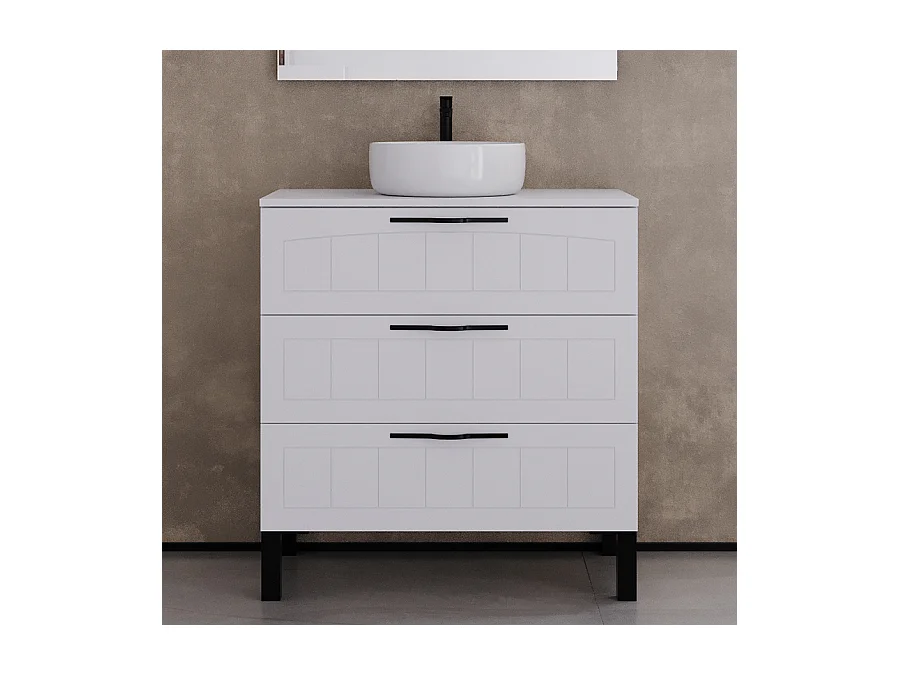 Meuble de salle de bain 70cm avec plateau et vasque à poser ronde - 3 tiroirs - sans miroir - blanc - CALA